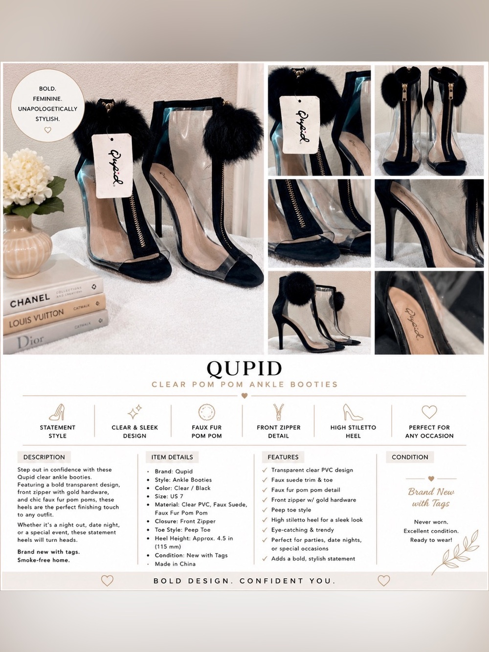 Qupid Black Clear Pom-Pom Ankle Booties